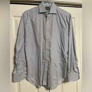 Thomas Dean White Blue Plaid Print Long Sleeve Button Up Dress Shirt Size Small